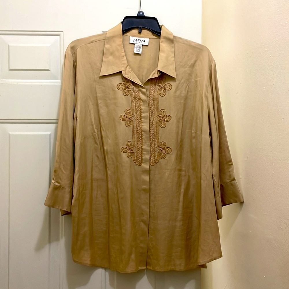 Alfani embroidered beige blouse; 75% silk / 25% Linen. 32”